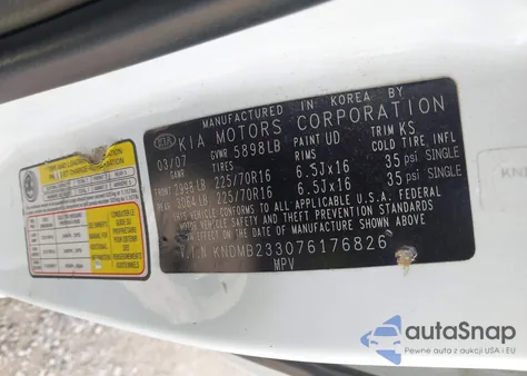 2007 Kia Sedona Lx z USA, uszkodzony, nr VIN KNDMB233076176826